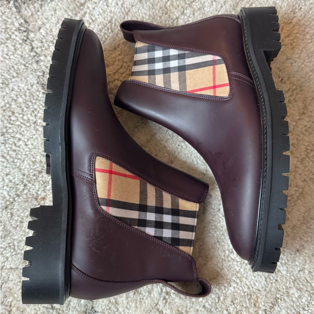 Burberry Dark Red and Plaid Chelsea Boots